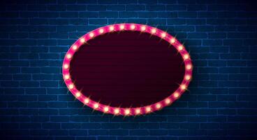 Retro Signboard Lightbox Banner Illustration with Glowing Light Bulb Frame Billboard on Vintage Brick Wall Background. Customizable Marquee Sign Design for Casino Advertising, Theater Show vector