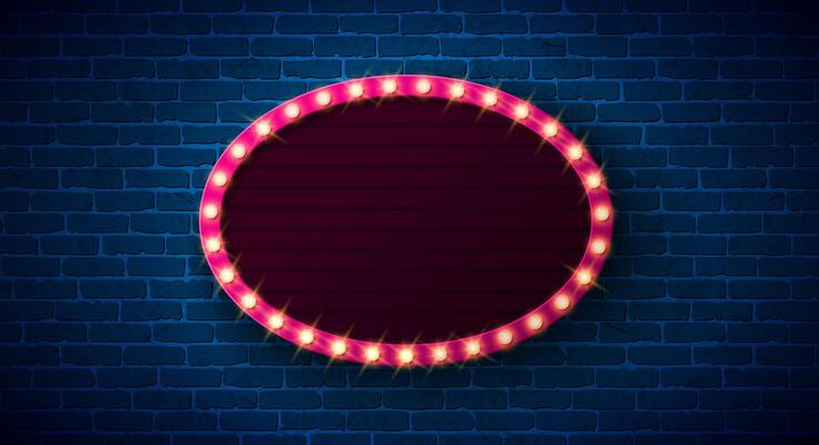 Retro Signboard Lightbox Banner Illustration with Glowing Light Bulb Frame Billboard on Vintage Brick Wall Background. Customizable Marquee Sign Design for Casino Advertising, Theater Show