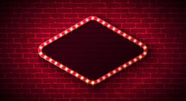 Retro Signboard Banner Illustration with Glowing Light Bulb Frame Billboard Lightbox on Vintage Brick Wall Background. Customizable Marquee Sign Design for Casino Advertising, Theater Show vector