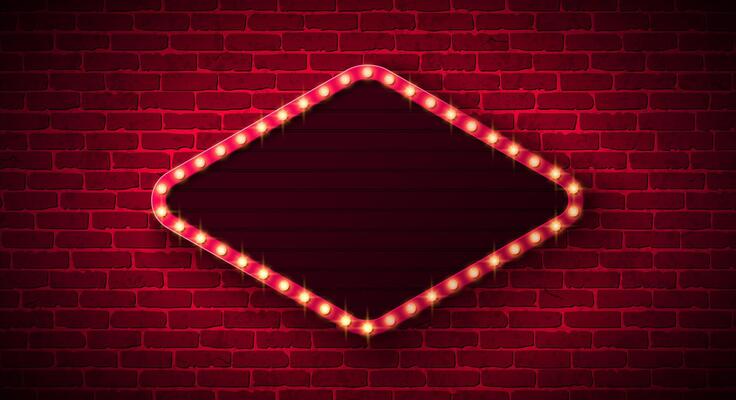 Retro Signboard Banner Illustration with Glowing Light Bulb Frame Billboard Lightbox on Vintage Brick Wall Background. Customizable Marquee Sign Design for Casino Advertising, Theater Show