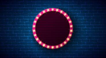 Retro Lightbox Signboard Banner Illustration with Glowing Light Bulb Frame Billboard on Vintage Brick Wall Background. Customizable Marquee Sign Design for Casino Advertising, Theater Show vector