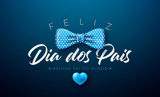 Happy Father's Day Greeting Card Illustration with Blue Heart and Bow Tie on Blue Background. Feliz Dia dos Pais Portuguese Language Design for the Loved and Best Dad. Template for Banner
