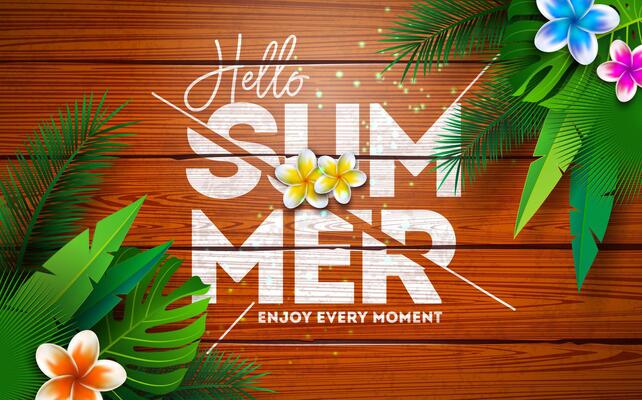 Hello Summer Holiday Banner Illustration with Flower, Tropical Palm Leaves and Typography Lettering on Vintage Wood Background. Vacation and Travel Design with Exotic Beach Elements for Flyer