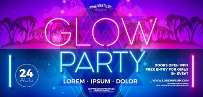 Summer Glow Party Banner Illustration Template with Glowing Neon Light Typography and Abstract Design Elements on Fluorescent Tropical Background. Summer Celebration Holiday Illustration for vector