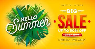 Summer Sale Business Promotional Design with Flower and Tropical Palm Leaves on Yellow Background. Exotic Floral Illustration with Special Offer Typography for Coupon, Voucher, Banner, Flyer vector
