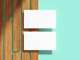Elegant business card resting on wooden boards, minimalistic design. photo