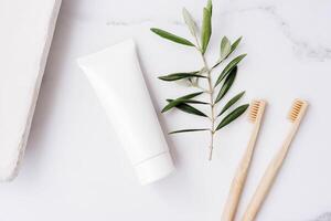 Top view of white plastic tube without label, toothbrushes and olive branch on white background photo