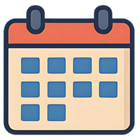 Flat calendar icon with red and blue highlights, date and schedule symbol for planner apps, event management, office organization, and productivity dashboards png