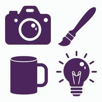 Creative icons camera paintbrush mug and lightbulb on white background vector