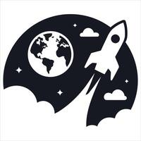 Rocket launching from earth into starry space with clouds vector