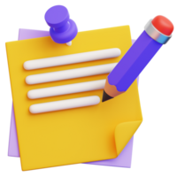 A vivid 3D render of stationery, includes a paper with lines, pencil and a pushpin. The composition is designed in such a way that evokes a sense of clarity, creativity, and meticulous organization png