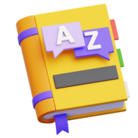A 3D rendered illustration of a yellow dictionary book with alphabet letters A and Z on speech bubbles, signifying language learning or translation png