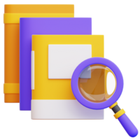 A magnifying glass hovers near a stack of vibrant books, illustrating the theme of discovery and learning png
