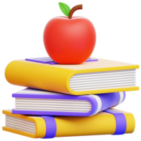 A vibrant display of education, featuring a stack of colorful books, topped with a perfectly ripe, red apple. Perfect visual for academic, learning, and intellectual pursuits png