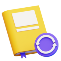 A 3D rendered image of a book with a return and reload sign, highlighting the concept of knowledge refresh. Ideal for education, and information-related visuals png