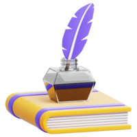 A vintage inkwell with a delicate feather quill rests atop a classic book, embodying the timeless artistry of words and storytelling png