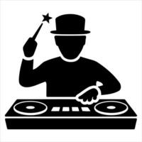 Dj performing magic with turntables and star wand icon vector