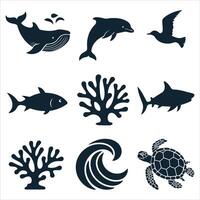 Collection of stylized marine life and ocean elements in dark blue silhouettes vector
