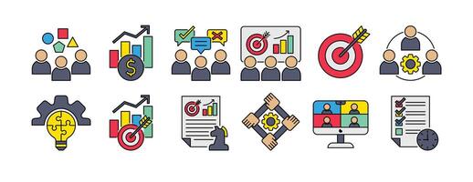 ICON SET WORKSHOP, BRAIN STORMING, PRESENTATION, PROBLEM SOLVING, TARGET, STRATEGY, TEAMWORK AND MORE. ICON FOR APP, WEBSITE, PRESENTAITON ETC. ICON IN LINE COLOR STYLE. vector