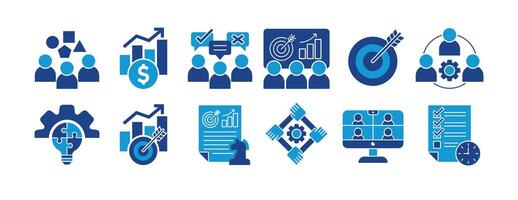 ICON SET WORKSHOP, BRAIN STORMING, PRESENTATION, PROBLEM SOLVING, TARGET, STRATEGY, TEAMWORK AND MORE. ICON FOR APP, WEBSITE, PRESENTAITON ETC. ICON IN BLUE STYLE. vector