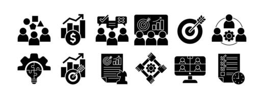 ICON SET WORKSHOP, BRAIN STORMING, PRESENTATION, PROBLEM SOLVING, TARGET, STRATEGY, TEAMWORK AND MORE. ICON FOR APP, WEBSITE, PRESENTAITON ETC. ICON IN GLYPH STYLE. vector