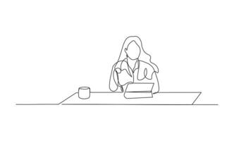 Confident Woman Working at Table with Laptop in Continuous Line Art. Minimalist Professional Illustration in black linear sketch, isolated on white background vector