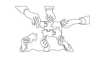 One Line Drawing of Business Team Solving Puzzle Together. Minimalist Concept of Teamwork and Collaboration Isolated On a White Background vector