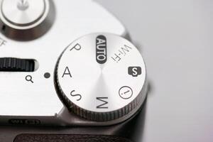Camera settings dial showcasing various modes including auto, manual, and wireless settings for photography enthusiasts in a studio environment photo