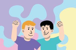 Flat Friendship Illustration - Group Cheer with Hands in the Air Two friends raising their arms and cheering together, representing celebration and shared success. vector