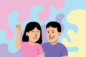 Flat Friendship Illustration. Friends Waving Hello in a Warm Greeting,Two cheerful friends waving in greeting or farewell, radiating friendliness and connection. vector