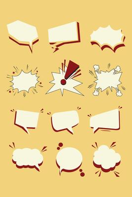 set of retro comic speech bubbles and action frames in pop art style. Includes different shapes like thought bubbles, shouting frames, and dialogue boxes.