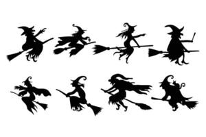 Flying Witch Silhouette Set, Halloween Broomstick Clipart Collection. This clipart set features various poses and styles of witches in flight. vector