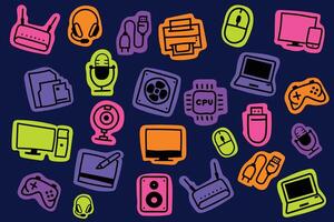 A collection of vibrant hand-drawn electronic icons including gadgets, computers, accessories, and peripherals. Perfect for digital stickers, infographics, and tech-related designs. vector