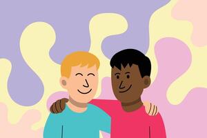Flat Friendship Illustration. Best Friends Hugging Each Other with Joy Two friends warmly hugging, expressing deep joy and connection. vector