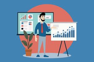 Businessman Pointing to the Side, Presentation Pose Analysts speak in public, working with statistics, graphs, and charts. vector