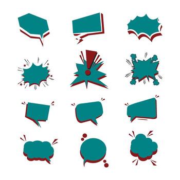 illustration of colorful comic speech bubbles and action text frames in bold cyan and red pop art style. vector