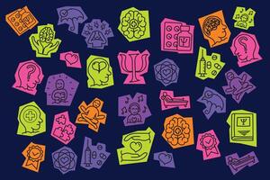 A collection of colorful hand-drawn icons focused on mental health awareness, therapy, mindfulness, brain care, psychology, and emotional well-being. Ideal for health and wellness projects. vector