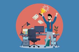 Business character with both hands up in the air celebrating success or achieving a goal. vector