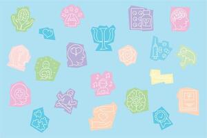 Pastel Mental Health Icon Set. Flat Style Line Art Illustration. illustration of a mental health icon set in pastel color palette with thin line art style. vector