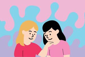 Flat Friendship Illustration - One Friend Comforting Another A heartwarming outline showing one friend offering comfort to another who is feeling sad or upset. A tender moment of empathy and support. vector