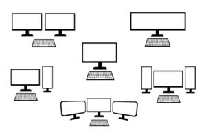 Set of Computer Monitor and Keyboard Icons in Various Arrangements. desktop monitor setup with keyboard as well as single screen, dual screen, triple screen, ultrawide screen and tower computer setups vector