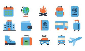 Travel icons including suitcases, passports, and transportation vector