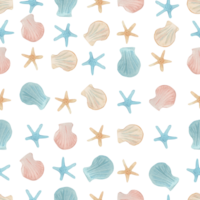 Seashells and starfish seamless pattern, Hand drawn watercolor illustration on isolated background. For wrapping paper or textile nautical design, stationery, accessories for a beach holiday png