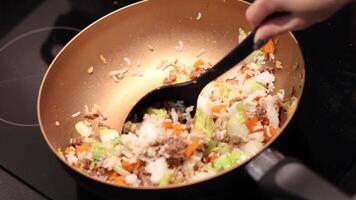 Stirring and frying rice with vegetables in a pan video