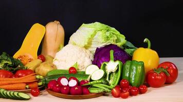 Assorted vegetables arranged on a black background video