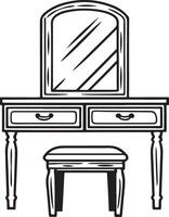 Vintage vanity set with mirror and stool isolated on white background vector