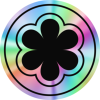 Holographic circle sticker with flower. Gradient foil shape. Neon iridescent emblem with symbol. Y2k quality tape png
