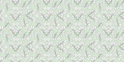 Line art of various leaves and flower on a green background. Seamless pattern branch leaves. vector
