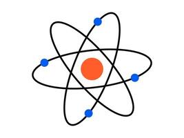 Hand drawn cute cartoon illustration of atom. Flat molecular structure doodle. Biotechnology innovation. Health care or physics sticker, icon. Nuclear biochemistry science. Isolated. vector