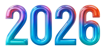 A vibrant, glossy, and colorful metallic display of the year 2026 represents a bright new year and future possibilities. png